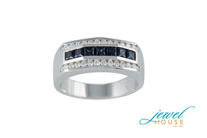 THREE ROW SAPPHIRE AND WHITE DIAMONDS MEN'S RING IN 14KT WHITE GOLD