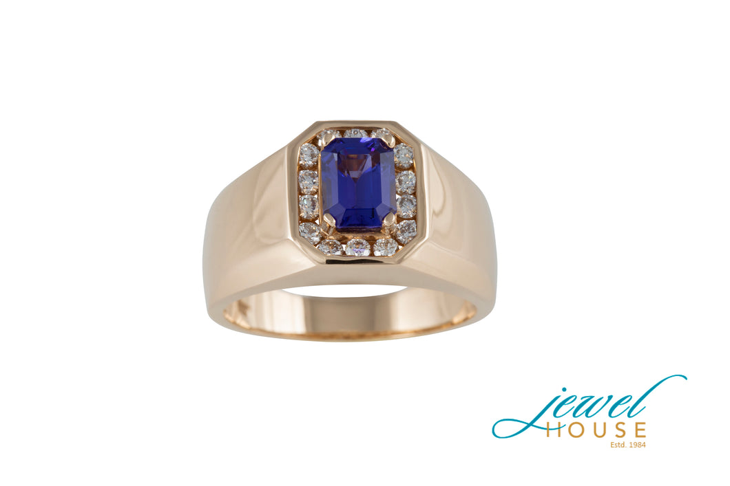 DIAMONDS AND OCTAGON SHAPED TANZANITE MEN'S RING IN 14KT YELLOW GOLD