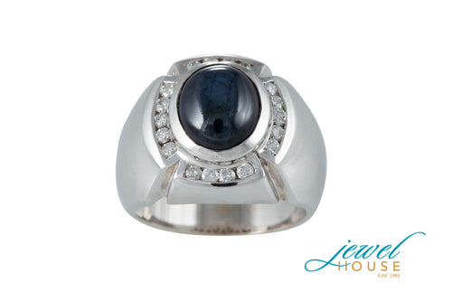 OVAL STAR SAPPHIRE AND DIAMOND MEN'S RING IN 14KT WHITE GOLD